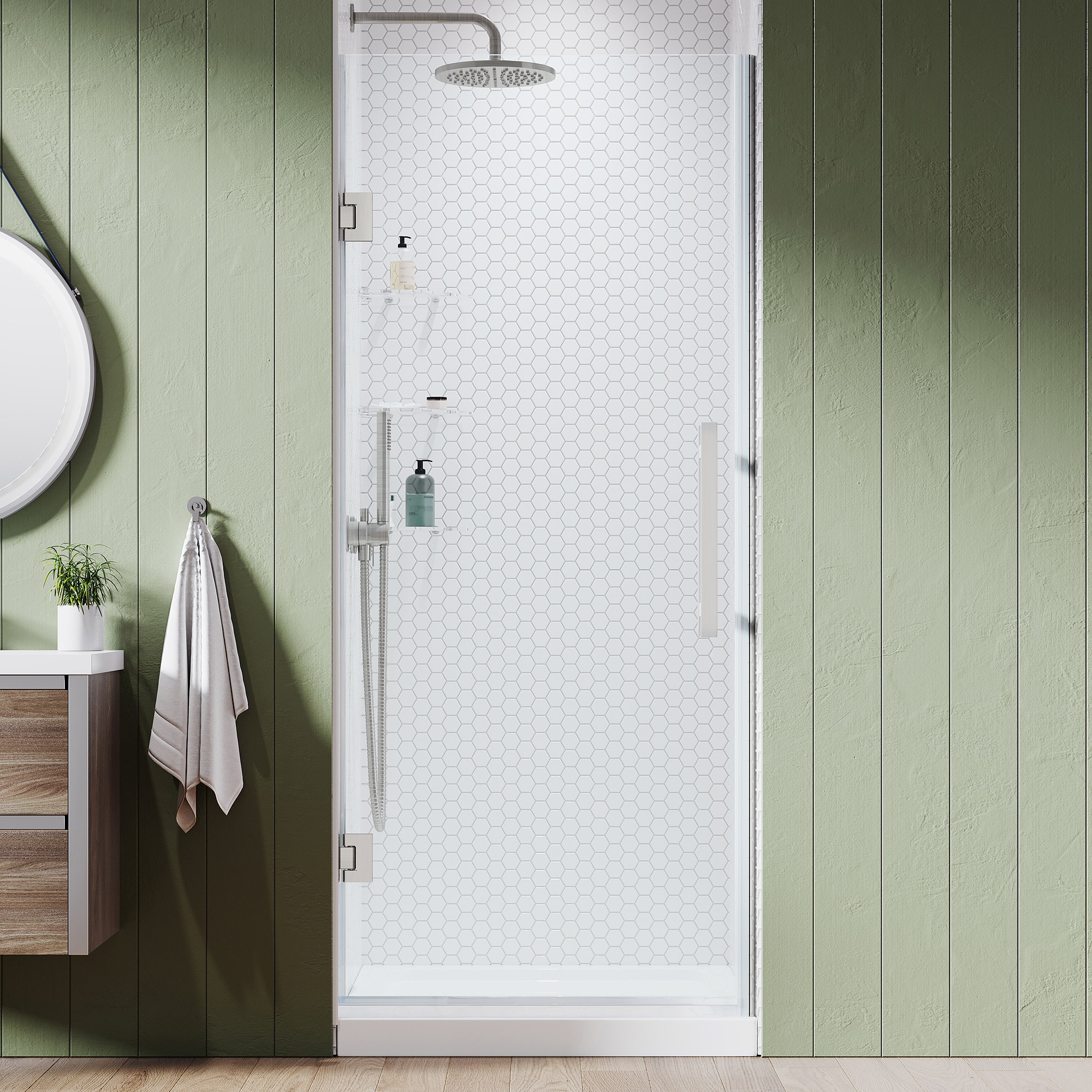 Ove Decors Tampa-Pro 32 in. L x 32 in. W x 72 in. H Alcove Shower Kit with Pivot Frameless Shower Door in SN and Shower Pan
